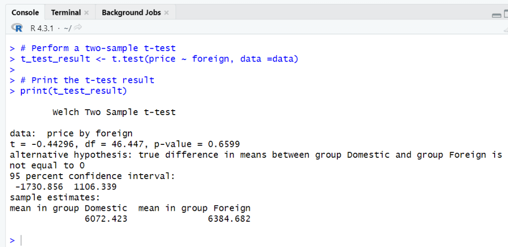 two sample t-test in r